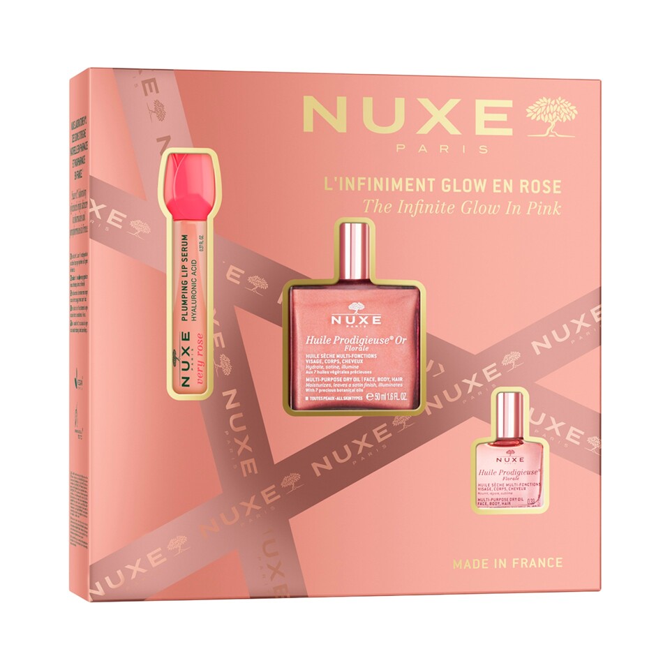 NUXE COFFRET HPFO GLOW 2025 1 HUILE PRODIGIEUSE OR FLORALE 50 ML + 1 HUILE PRODIGIEUSE FLORALE 10 ML + 1 VERY ROSE PLUMPING LIP SERUM 10 ML - Farma Nice