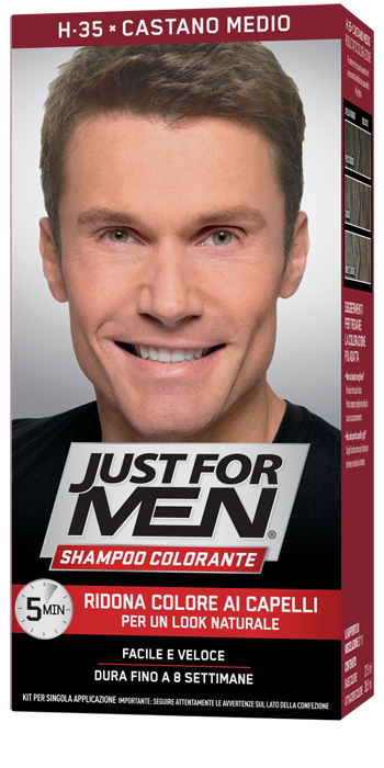 JUST FOR MEN SHAMPOO COLORANTE H35 CASTANO MEDIO ATTIVATORE CHIARO 38,5 ML + BASE COLORE 27,5 ML - Farma Nice