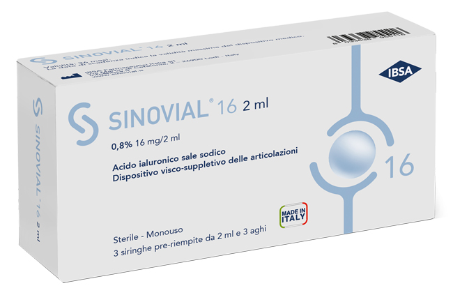 SIRINGA INTRA-ARTICOLARE SINOVIAL 16 ACIDO IALURONICO SALE SODICO 0,8% 16MG/2ML 3 SIRINGHE X 2ML + 3 AGHI - Farma Nice