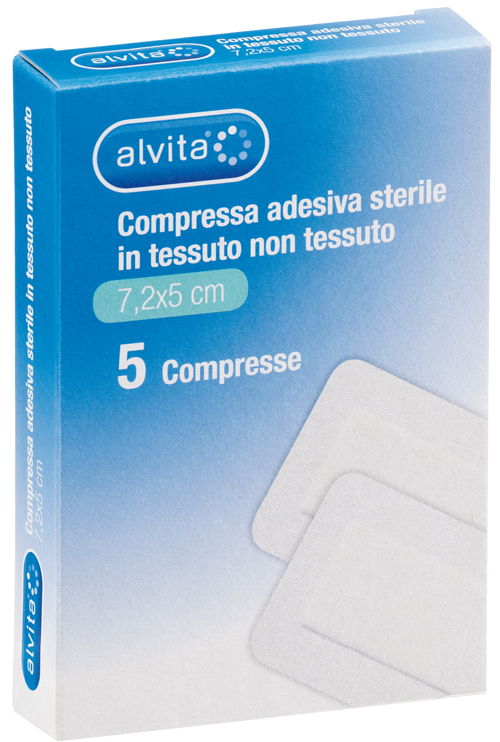 ALVITA GARZA COMPRESSA ADESIVA STERILE IN TESSUTO NON TESSUTO ESTENSIBILE BIANCO 7,2X5CM 5 PEZZI - Farma Nice