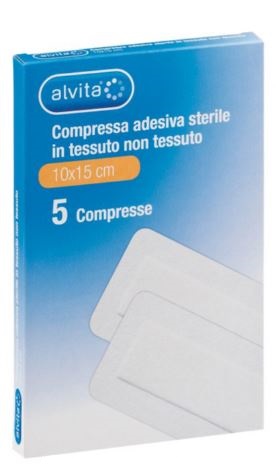ALVITA GARZA COMPRESSA ADESIVA STERILE IN TESSUTO NON TESSUTO ESTENSIBILE BIANCO 10X15CM 5 PEZZI - Farma Nice