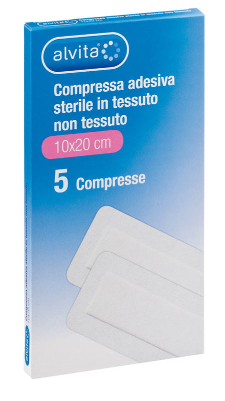 ALVITA GARZA COMPRESSA ADESIVA STERILE IN TESSUTO NON TESSUTO ESTENSIBILE BIANCO 10X20CM 5 PEZZI - Farma Nice