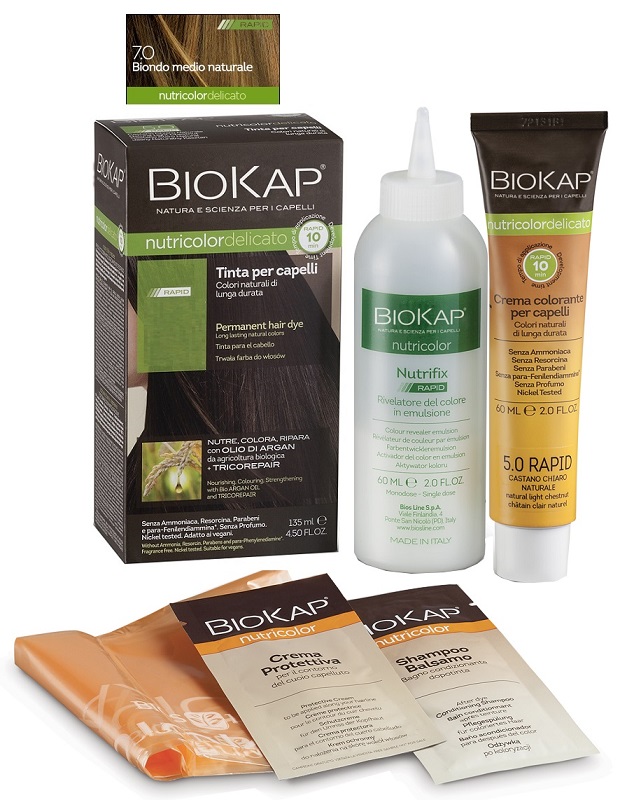 BIOS LINE  BIOKAP NUTRICOLOR DELICATO RAPID TINTA 7,0 BIONDO MEDIO NATURALE 135 ML - Farma Nice