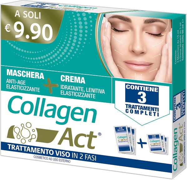 COLLAGEN ACT TRATTAMENTO VISO 2 FASI MASCHERA ANTI AGE ELASTICIZZANTE 3 PEZZI DA 15 ML + CREMA IDRATANTE LENITIVA ELASTICIZZANTE 3 PEZZI DA 5 ML - Farma Nice