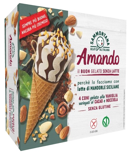 AMANDO GELATO ALLA VANIGLIA CON LATTE DI MANDORLA IN CIALDA CONO VANIGLIA/CACAO/NOCCIOLA 4 PEZZI - Farma Nice