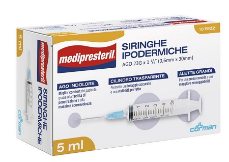 SIRINGA IPODERMICA MEDIPRESTERIL AGO 23 GAUGE 1 1/4 0,5X30MM 5 ML 10 PEZZI - Farma Nice