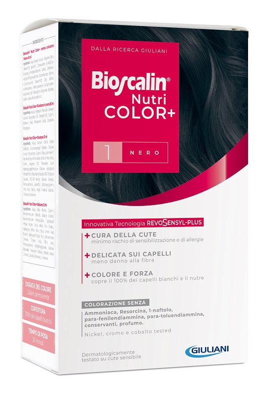 BIOSCALIN NUTRICOLOR PLUS 1 NERO CREMA COLORANTE 40 ML + RIVELATORE CREMA 60 ML + SHAMPOO 12 ML + TRATTAMENTO FINALE BALSAMO 12 ML - Farma Nice