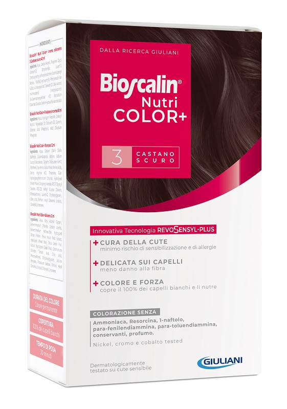 BIOSCALIN NUTRICOLOR PLUS 3 CASTANO SCURO CREMA COLORANTE 40 ML + RIVELATORE CREMA 60 ML + SHAMPOO 12 ML + TRATTAMENTO FINALE BALSAMO 12 ML - Farma Nice
