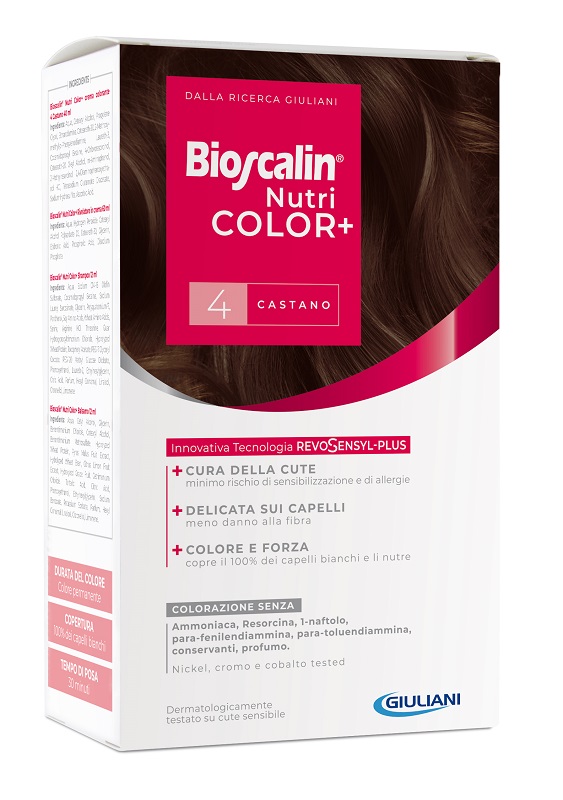 BIOSCALIN NUTRICOLOR PLUS 4 CASTANO CREMA COLORANTE 40 ML + RIVELATORE CREMA 60 ML + SHAMPOO 12 ML + TRATTAMENTO FINALE BALSAMO 12 ML - Farma Nice