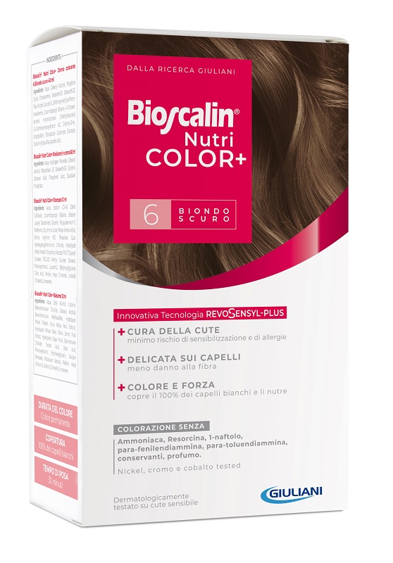 BIOSCALIN NUTRICOLOR PLUS 6 BIONDO SCURO CREMA COLORANTE 40 ML + RIVELATORE CREMA 60 ML + SHAMPOO 12 ML + TRATTAMENTO FINALE BALSAMO 12 ML - Farma Nice