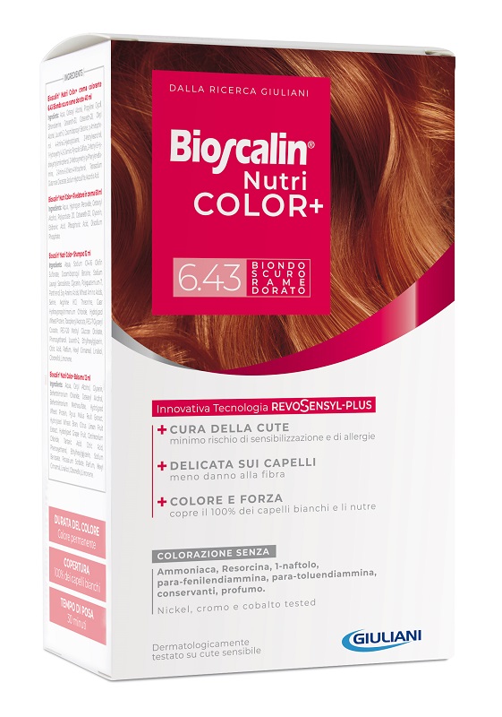 BIOSCALIN NUTRICOLOR PLUS 6,43 BIONDO SCURO RAME DORATO CREMA COLORANTE 40 ML + RIVELATORE CREMA 60 ML + SHAMPOO 12 ML + TRATTAMENTO FINALE BALSAMO 12 ML - Farma Nice