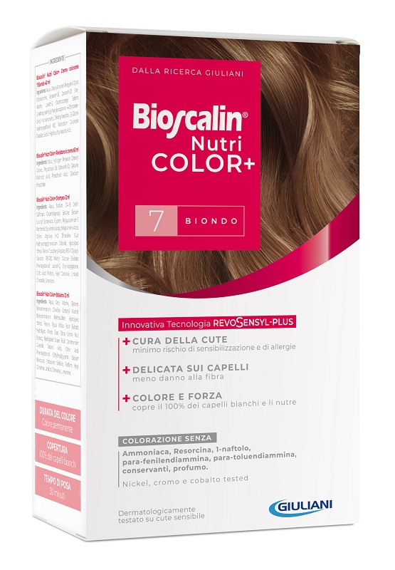 BIOSCALIN NUTRICOLOR PLUS 7 BIONDO CREMA COLORANTE 40 ML + RIVELATORE CREMA 60 ML + SHAMPOO 12 ML + TRATTAMENTO FINALE BALSAMO 12 ML - Farma Nice
