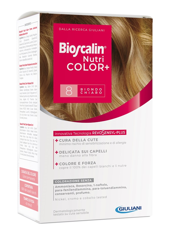 BIOSCALIN NUTRICOLOR PLUS 8 BIONDO CHIARO CREMA COLORANTE 40 ML + RIVELATORE CREMA 60 ML + SHAMPOO 12 ML + TRATTAMENTO FINALE BALSAMO 12 ML - Farma Nice