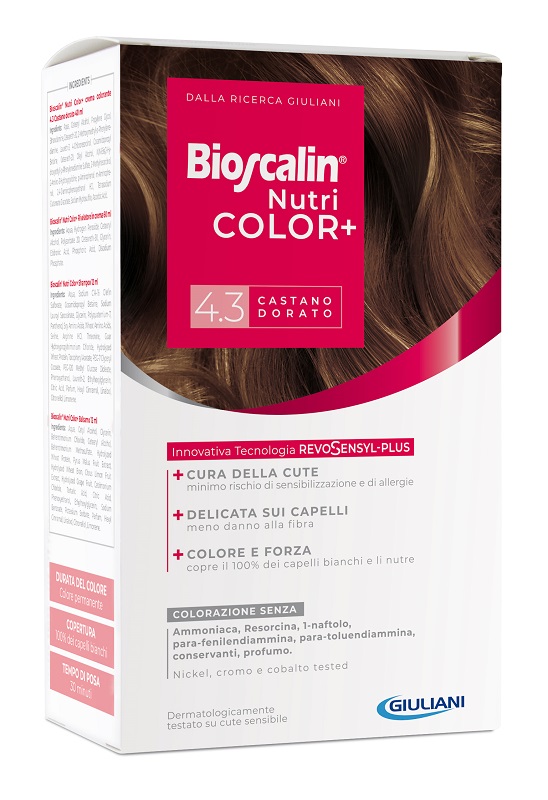 BIOSCALIN NUTRICOLOR PLUS 4,3 CASTANO DORATO CREMA COLORANTE 40 ML + RIVELATORE CREMA 60 ML + SHAMPOO 12 ML + TRATTAMENTO FINALE BALSAMO 12 ML - Farma Nice