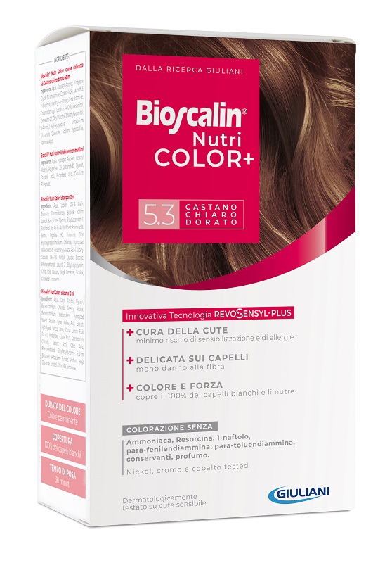 BIOSCALIN NUTRICOLOR PLUS 5,3 CASTANO CHIARO DORATO CREMA COLORANTE 40 ML + RIVELATORE CREMA 60 ML + SHAMPOO 12 ML + TRATTAMENTO FINALE BALSAMO 12 ML - Farma Nice