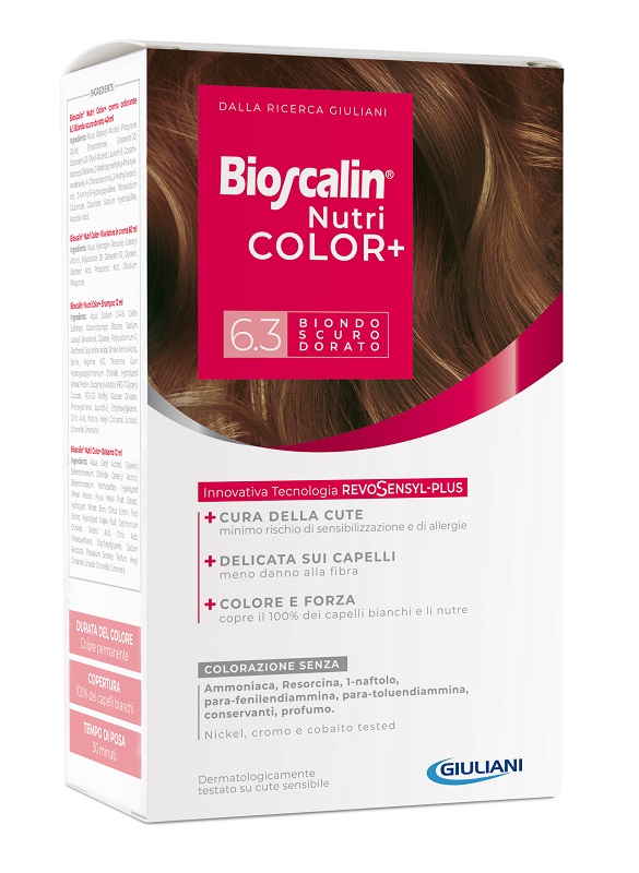 BIOSCALIN NUTRICOLOR PLUS 6,3 BIONDO SCURO DORATO CREMA COLORANTE 40 ML + RIVELATORE CREMA 60 ML + SHAMPOO 12 ML + TRATTAMENTO FINALE BALSAMO 12 ML - Farma Nice
