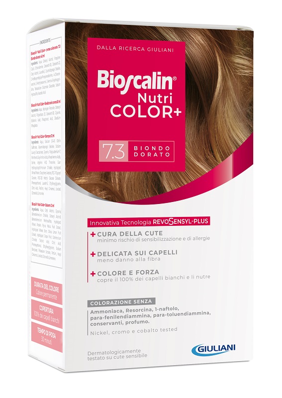 BIOSCALIN NUTRICOLOR PLUS 7,3 BIONDO DORATO CREMA COLORANTE 40 ML + RIVELATORE CREMA 60 ML + SHAMPOO 12 ML + TRATTAMENTO FINALE BALSAMO 12 ML - Farma Nice