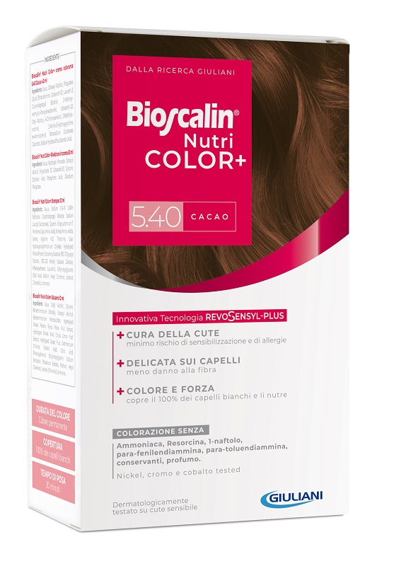 BIOSCALIN NUTRICOLOR PLUS 5,40 CACAO CREMA COLORANTE 40 ML + RIVELATORE CREMA 60 ML + SHAMPOO 12 ML + TRATTAMENTO FINALE BALSAMO 12 ML - Farma Nice