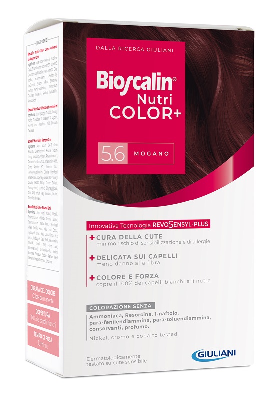BIOSCALIN NUTRICOLOR PLUS 5,6 MOGANO CREMA COLORANTE 40 ML + RIVELATORE CREMA 60 ML + SHAMPOO 12 ML + TRATTAMENTO FINALE BALSAMO 12 ML - Farma Nice