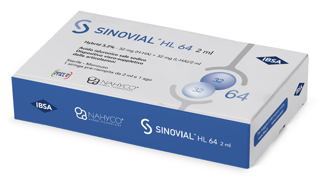 SIRINGA INTRA-ARTICOLARE SINOVIAL HL 64 ACIDO IALURONICO SALE SODICO 3,2% 32MG H-HA + 32MG H-LA/2ML 2 ML - Farma Nice