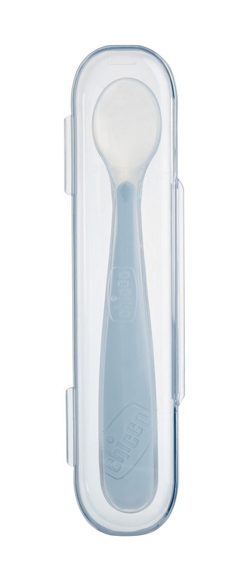 CHICCO SOFTLY SPOON CUCCHIAIO MORBIDO IN SILICONE GRIGIO 6M+ CON CUSTODIA - Farma Nice